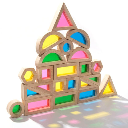 WOODENFUN Wood Building Blocks Set for Kids,Rainbow Stacker Stacking Game Construction Toys Set Preschool Colorful Learning Educational Toys, Geometry Wooden Blocks for Boys Girls