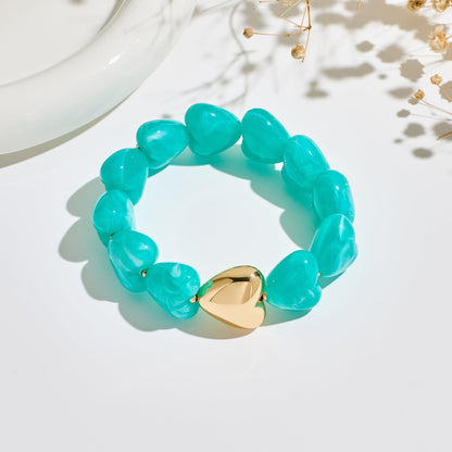 INNERDIVA Chunky Heart Beaded Bracelets for Women Trendy Statement Big Large Turquoise Resin Bubble Bead Stretch Bracelet Summer Beach Beachy Boho Hand Gemstone Womens Jewelry Charm Cute Gifts Stuff