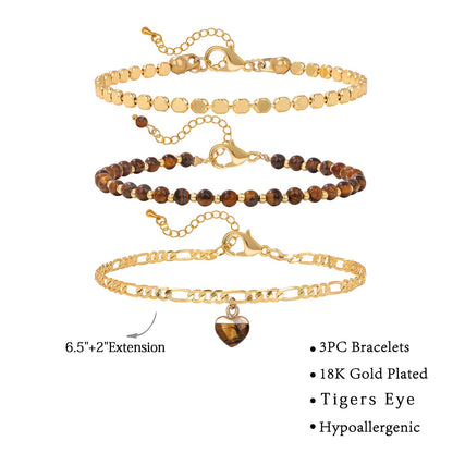 Raicegs Tigers Eye Bracelets Set Stone Bracelet for Women Layered Crystal 3mm Beads Bracelet Adjustable Bracelet for Women Dainty Bracelet