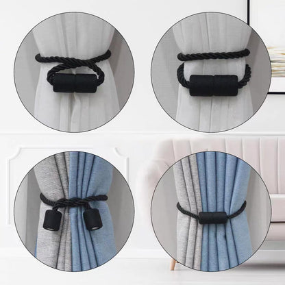 2 Pack Magnetic Curtain Tiebacks Modern Handmade Rope Curtain Tie Backs Decorative Drapes Holdbacks for Home Outdoor Bedroom Decorative Curtain (Black)