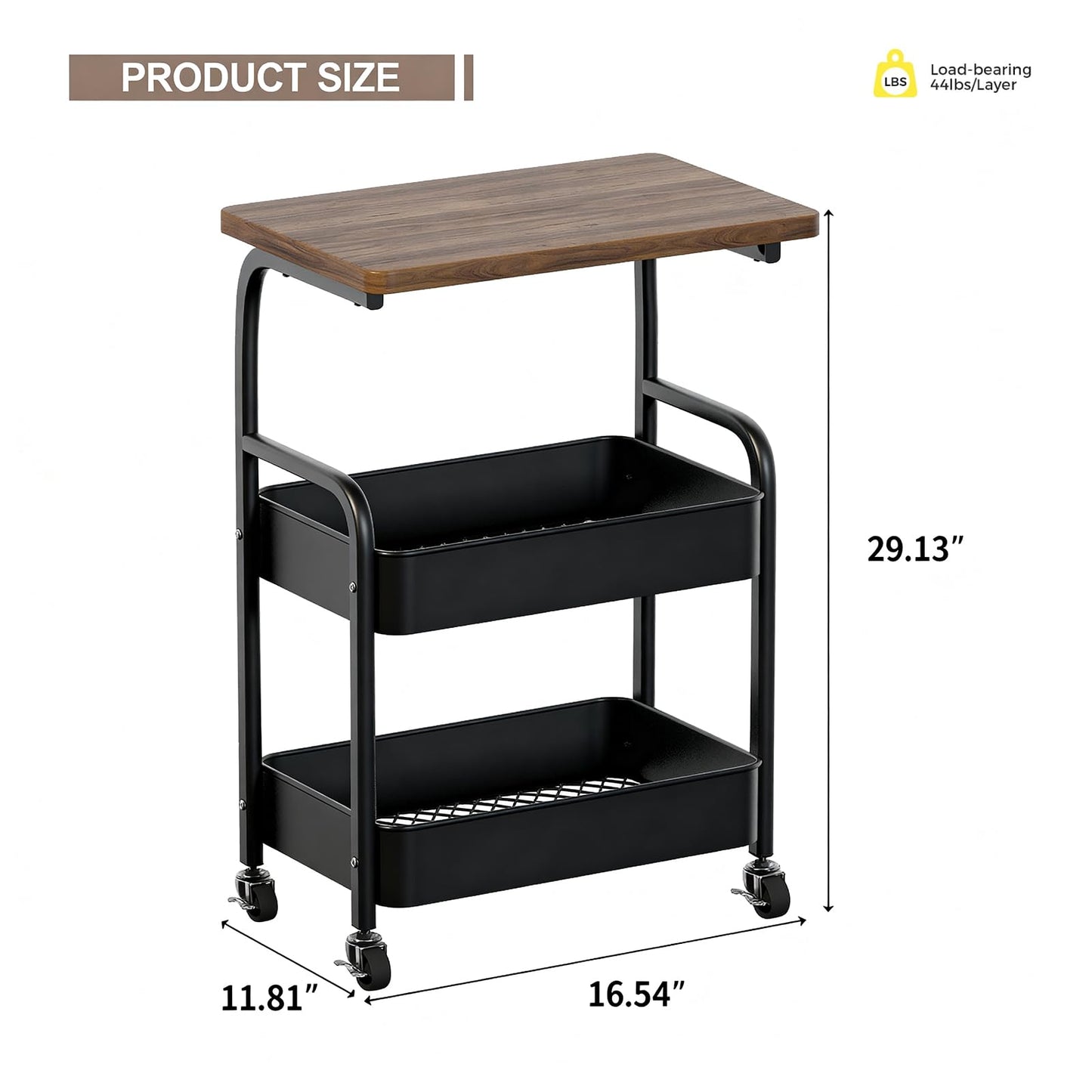 ULIKEUS Rolling Cart with Wooden Tabletop 3-Tier Metal Utility Rolling Cart Storage Organizer with Lockable Wheels for Kitchen, Office, Bedroom