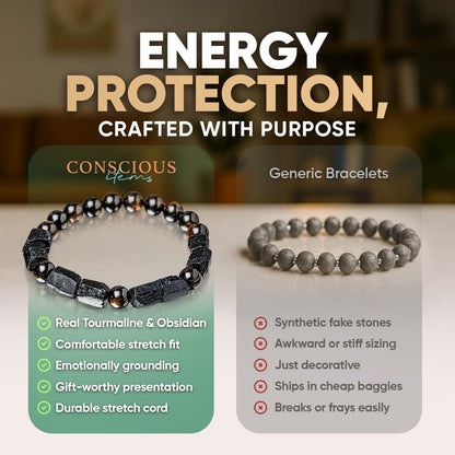 Conscious Items - Spiritual Protection Bracelet - Golden Obsidian & Black Tourmaline Bracelet - Grounding Beaded Bracelets for Men & Women, 6.7 in