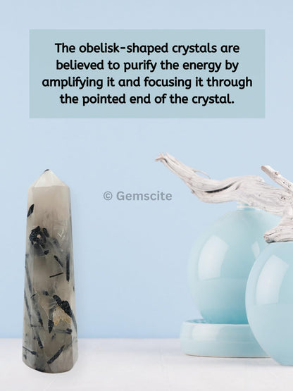 WholesaleGemShop 3 Inch (70 mm) Gemstones Black Rutile Obelisk Tower Jumbo Facet Aura Rock Crystal Natural Polished Earth Wand Spirit