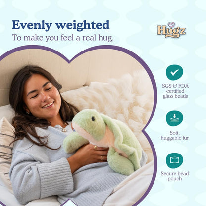 Hugz Official Shelly The Turtle - Premium Weighted Stuffed Animal Plushie 3.8 lb for Adults & Kids - Microwavable – Heatable & Coolable – Super Soft Fur – Gift Ready Tube Packaging