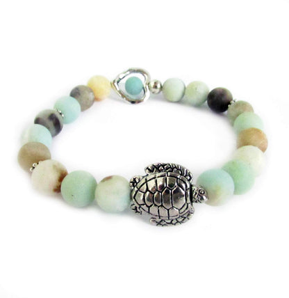 Sea Turtle and Heart Charm Bracelet with Amazonite Stones, Valentines Gifts for Women