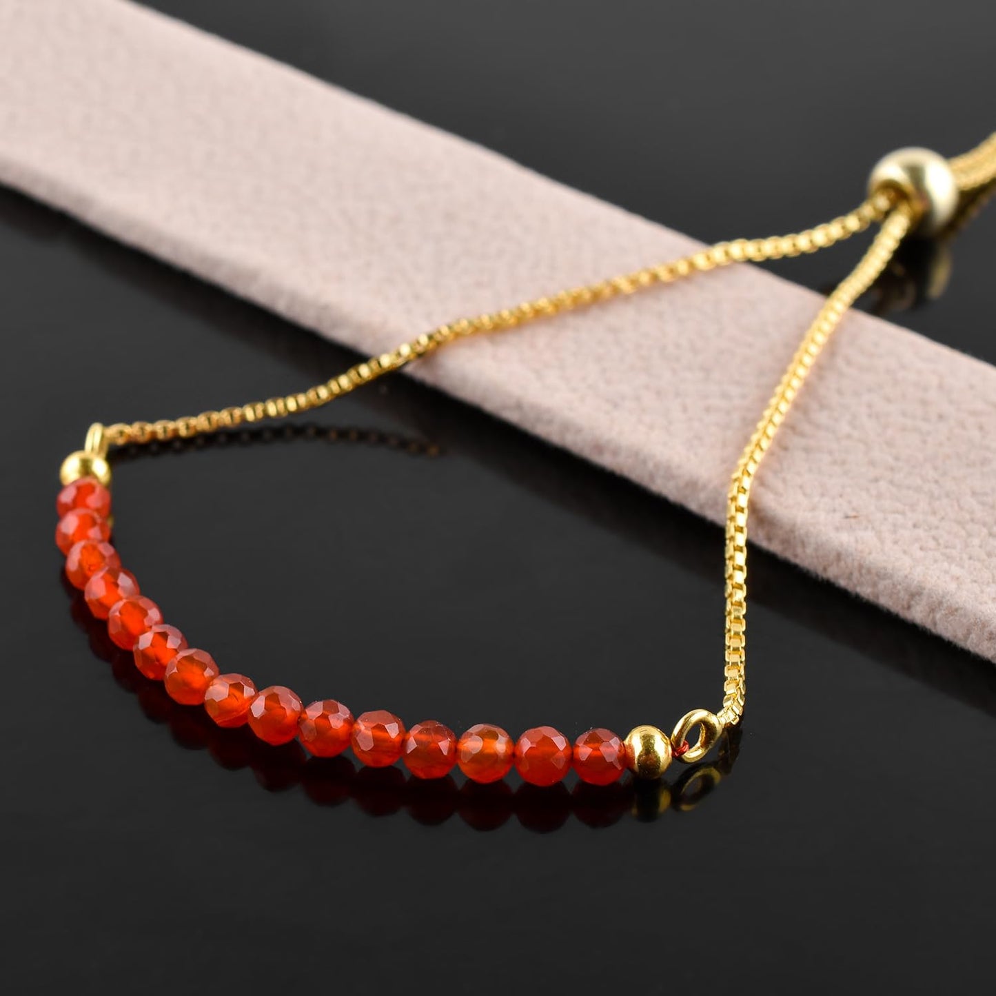 InfinityGemsArt Carnelian Bracelets For Women Natural Birthstone Jewelry Micro Orange Beads Beaded Stone Bolo Slider Crystals Gemstones Bracelet, 14K Gold Plated Adjustable Chain
