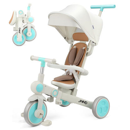 JMMD Baby Tricycle, 7-in-1 Multifunctional Kids Trike with Adjustable Parent Handle, Safety Harness & Wheel Brakes, Removable Canopy, Stroll Trike for Boys & Girls Ages 18 Months-5 Years, Mint