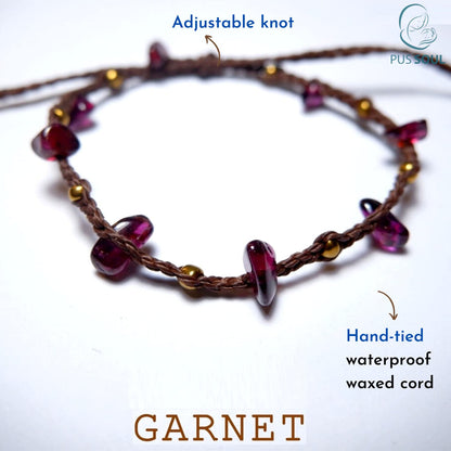 PusSoul Handmade Garnet Small Crystal Bracelet (6.5-7.5'') - Adjustable & Plus Size, Natural Healing Crystal Chips, Waterproof, Chakra Beaded - Unusual Jewelry for Women, Girl & Friendship from