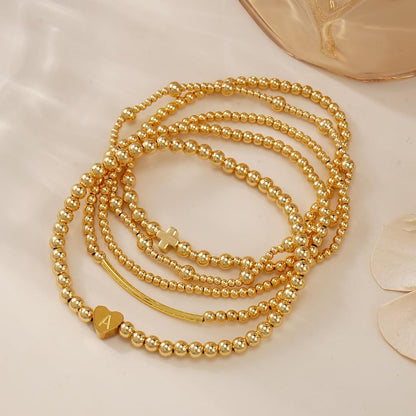14K Gold Cross Beaded Initial Bracelet Stack for Women,Dainty Stretch Gold Plated Letter A Stackable Bracelets Bohemian Layered Prom Holiday Party Accessories Jewelry Gift Friendship