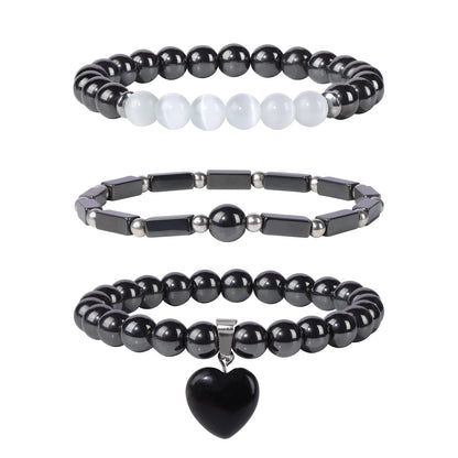 Vinswet Healing Crystal Beaded Bracelets for Women,Natural Hematite Moonstone Gemstones Bracelet,Anxiety Stress Relief Heart Charm Bracelet Handmade Black Jewelry Gifts for Women (3pcs)