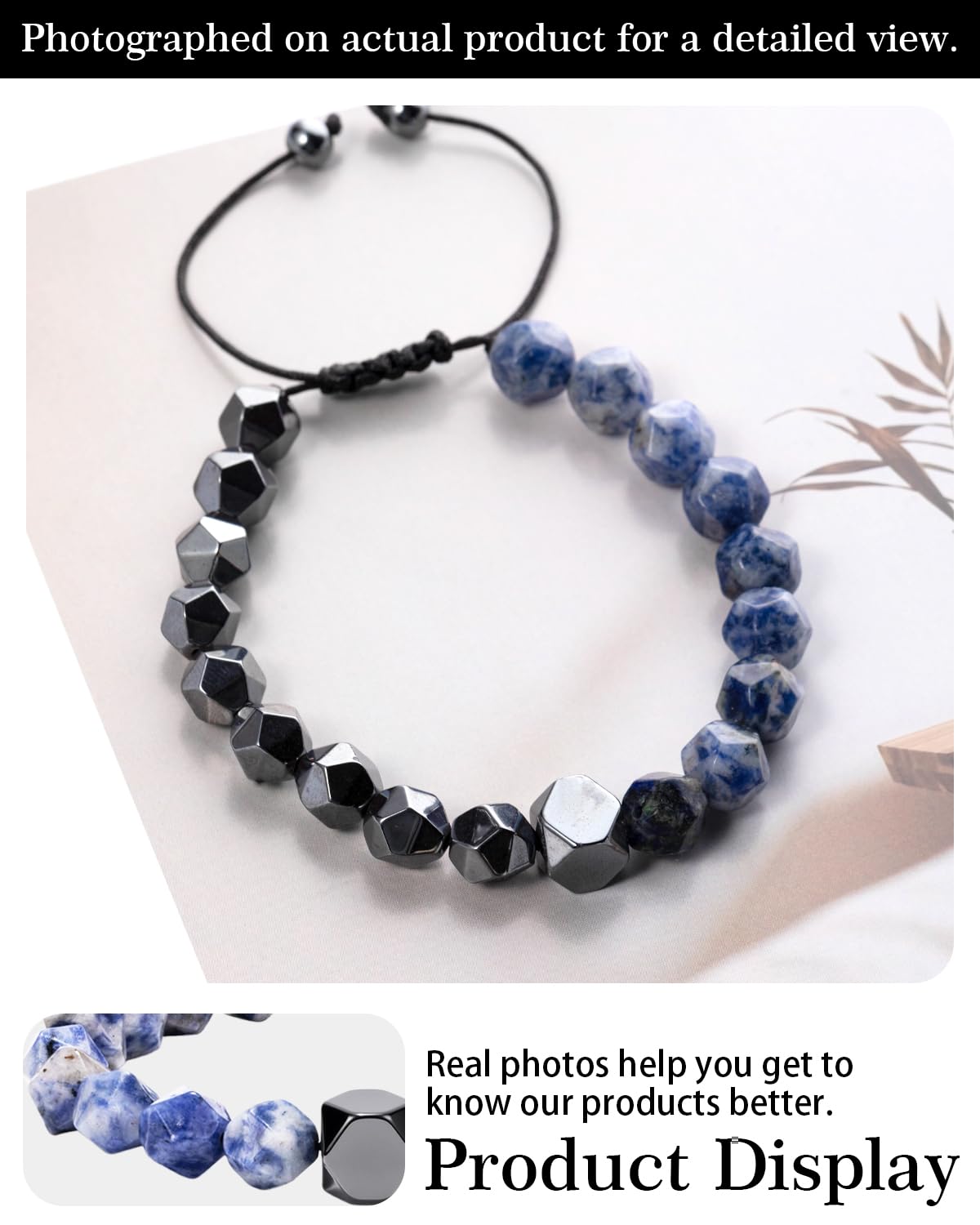 Beaded Bracelet for Men, 10mm Natural Stones Bracelet for Men's Gift, Adjustable Precision-Cut Gemstone Crystal Healing Bracelet, Protection Jewelry Gift with Hematite, Tiger Eye (Blue Spot Stone & Hematite)