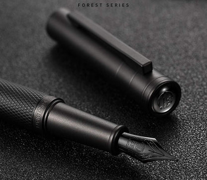 Matte Black Forest Fountain Pen Extra Fine Nib Classic Design with Converter and Metal Pen Box Set by Asvine