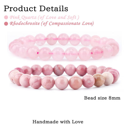 NCB 2-Piece 8mm Natural Crystal Gemstone Stretch Bracelets – ﻿Pink Quartz, Rhodochrosite Handmade Reiki Energy Healing Jewelry for Meditation,Yoga, Unisex