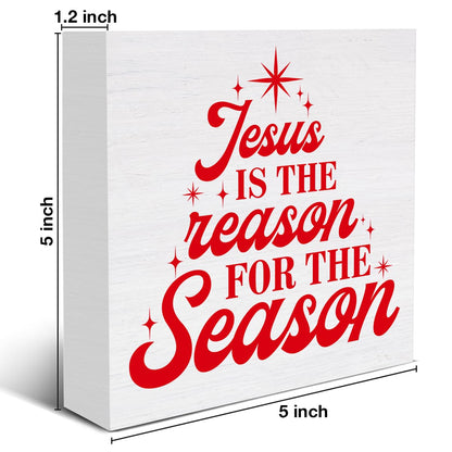 Mukjyuyi Rustic Christmas Wooden Box Sign, 5 x 5 Inches, Jesus Is the Reason for the Season, Christmas Decorative Sign for Home, Office, Bedroom