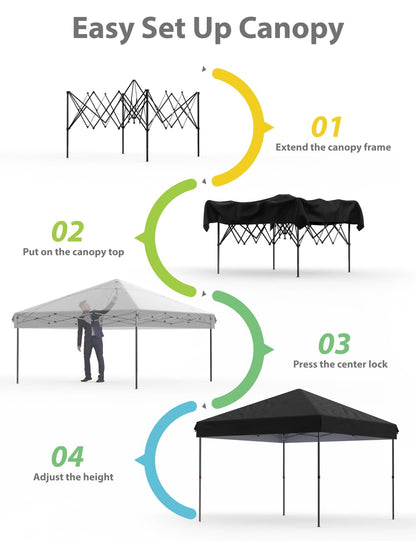 10x10 Pop Up Canopy with Removable 4 Sidewalls - Easy Up Camping Tent with One Button Push Setup - 1 Roller Bag, 3 Adjustable Height, 4 Weight Bags for Deck, Garden, Sports, Beach, Party - Black
