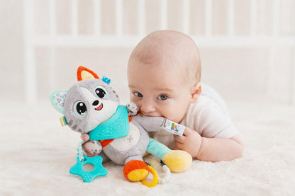 Balibazoo Luka The Cat Hanging Baby Toy – Soft Plush Sensory Toy with 3 BPA-Free Silicone Teethers, Crinkle Ears & Hidden Bell | Clip for Stroller, Car Seat, and Carrier | Developmental Toy 0-24M