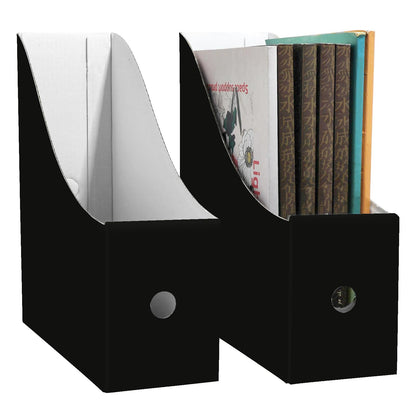 Limitliho 2 Pack Black Cardboard Magazine File Holder for Desktop, Book Bins for Classroom Library, Office or Home, Vertical Paper Boxes for Storage with Label(10.6" H x 10.2" L x 3.5" W in)