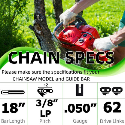 18 Inch Chainsaw Chain 3/8"LP Pitch .050" Gauge 62 Drive Links Fits for ECHO CS330 CS340, POULAN, Craftsman, HUSQVARNA,Remington and More,S62 (3 chainsaw chains)