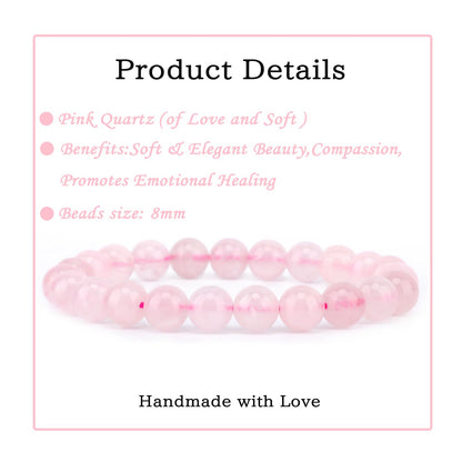 Bymitel 8mm Pink Quartz - Handmade Reiki Gemstone Stretch Bracelet, Natural Beauty & Spiritual Essence, Crystal Healing for Unisex Adults