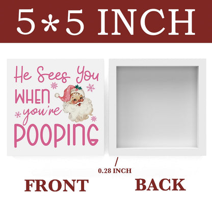 Funny Christmas Bathroom Decor, Pink Christmas Decoration, Funny Gift Decorations for Bathroom, Wooden Box Sign for Home Farmhouse Office Living Room Table Shelf Tiered Desk Decor