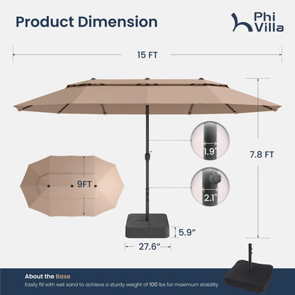 PHI VILLA 15ft Large Patio Umbrellas with Base Included, 2-Tier Outdoor Double-Sided Rectangle Market Umbrella with Stand, Outside Umbrellas for Poolside Lawn Backyard, Beige
