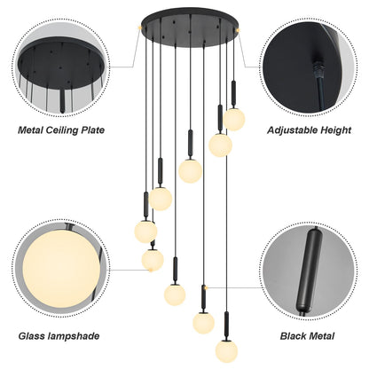 FDPBY 9-Lights Black Chandelier with Milk White Glass Mid Century Modern Globe Pendant Light for Foyer Living Room Entryway Hallway