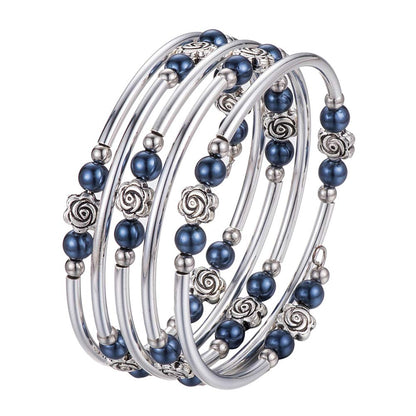 BULINLIN Wrap Bangle Rose Bead Bracelet - Beaded Bracelet with Natural Agate Stone Gifts For Women(01-Navy blue pearl)