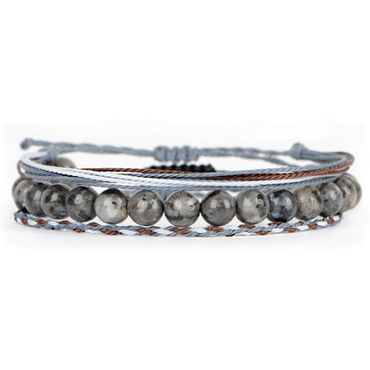 QOGIR Handmade Healing Bracelet,8mm Natural Black Larvikite Gem Stone Beads Bracelet,for Men Women Gifts with 2PCS Size Adjustable Rope Bracelets