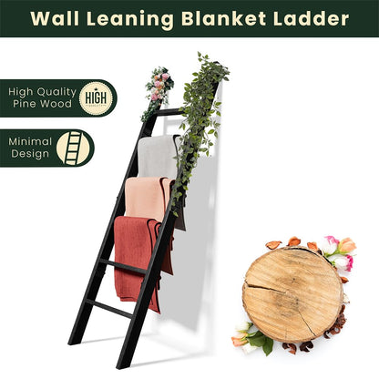 Decorative Wooden Blanket Ladder for the Living Room and Bedroom, 5ft 8 inch, Pine Wood Quilt Ladder, 6-Tier Wall Leaning Blanket Rack Stand, Farmhouse blanket ladder for Home Décor N Display. (Black)