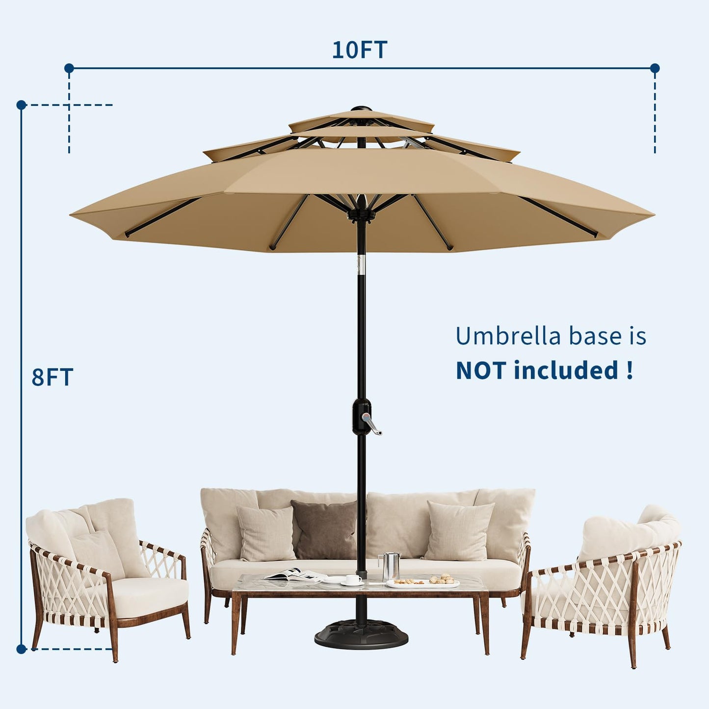 Garvee 10Ft 3-Tier Patio Umbrella, Outdoor Table Umbrella with Vents, Easy Crank and Push Button Tilt, Market Umbrella with 8 Sturdy Ribs for Pool, Deck, Yard, Garden -Tan
