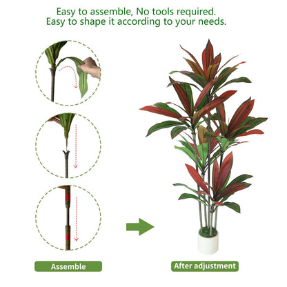 5FT Artificial Dracaena Tree Red: Compact Faux Plant for Apartments, Realistic Greenery in White Planter, Easy-Clean Silk Tree for Small Space, Balcony, Office Gaoqisi
