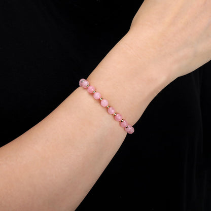 QOGIR Rose Quartz - Love Connection - 14K Gold Plated Beads Natural Gemstone Stretch Elastic Dainty Healing Beaded Bracelets Gifts 6mm