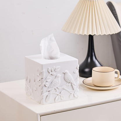 White Marble Relief Birds Square Tissue Box Cover Decorative,Resin Heavy Sturdy Tissue Box Holder, Facial Paper Holder for Bathroom Vanity Countertop, Bedroom Night Stand,Office and End Table