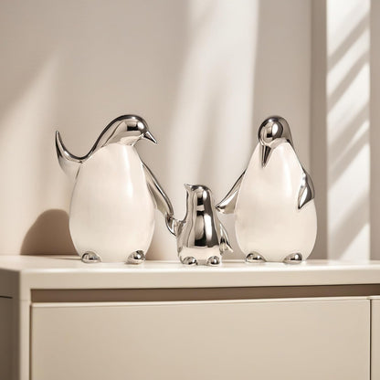 Tuioyoc Set of 3 Ceramic Statues Aesthetic Abstract Penguins Sculpture Cute Modern Home Decor Decorative Statue for Living Room, Bedroom, Office, Table Centerpiece (White Silver)
