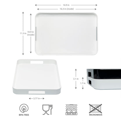 Bzyoo 11.5 x 16 Inch Large Rectangle Stackable Melamine Serving Tray with Handles – Minimalist Design, Multi-Purpose and Durable, BPA Free– Perfect for Kitchen, Dining, and Entertaining - White