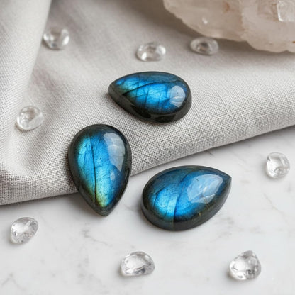 Myhealingworld Natural Calibrated 10x14mm Pear Shape Blue Fire Labradorite Cabochon Loose Gemstone 3pcs box. For Healing Wellness and Jewelry Making.