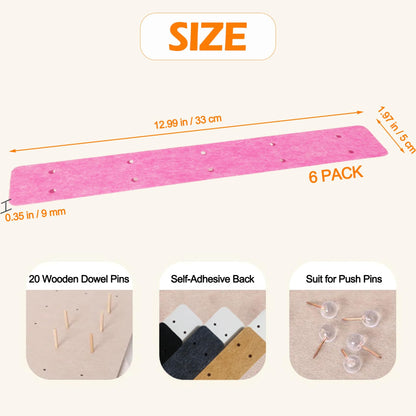 Small Felt Pin Boards Memo Board Pegboard Bar Strips, Self-Adhesive Cork Board for Walls Home Office Decor, Felt Bulletin Boards for Jewel, Notes, Photos with 20 Wooden Dowel Pins, Pink, 6 Pack