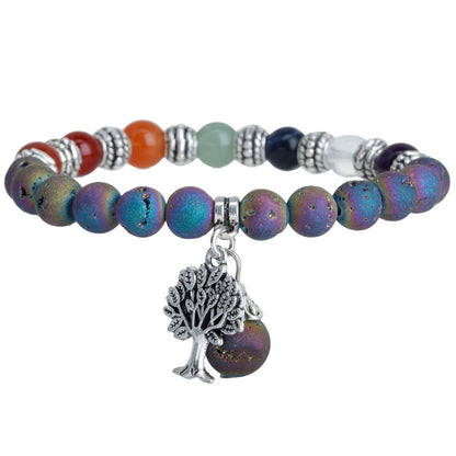 TUMBEELLUWA Beaded Bracelets Semi Precious Stone Yoga Beads Crystals Tree Charm Chakra Bracelet Handmade Jewelry for Women,Rainbow Titanium Coated Druzy(7 Chakra)