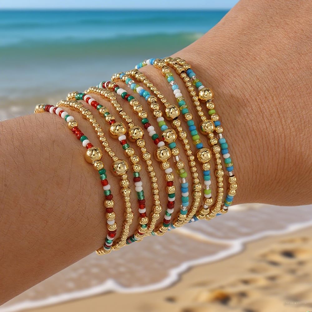 SHINUS BOHO Gold Beaded Bracelet Stack for Women,Bohemian Stretch Blue Seed Beads Stackable Bracelets Set Fashion Holiday Birthday Summer Accessories Jewelry Gift Friendship