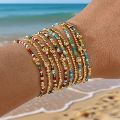 SHINUS BOHO Gold Beaded Bracelet Stack for Women,Bohemian Stretch Blue Seed Beads Stackable Bracelets Set Fashion Holiday Birthday Summer Accessories Jewelry Gift Friendship