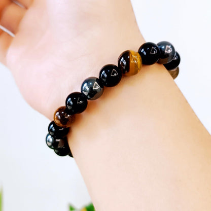 WEFRIN Evil Eye with Hematite Black Obsidian Tiger Eye Stone Triple Protection Bracelets for Men Women, Crystal Healing Stone Bracelet Bring Luck Prosperity and Happiness Jewelry (E-TPB)