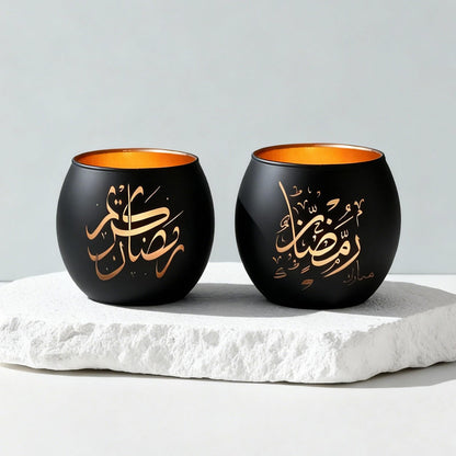 Eid Mubarak Decorations Indoor, Arabic Calligraphy 4 Pcs Laser Etched Glass Tealight Candle Holders, Ramadan Kareem & Ramadan Mubarak Votive Holders for Table Decor, Islamic Gifts