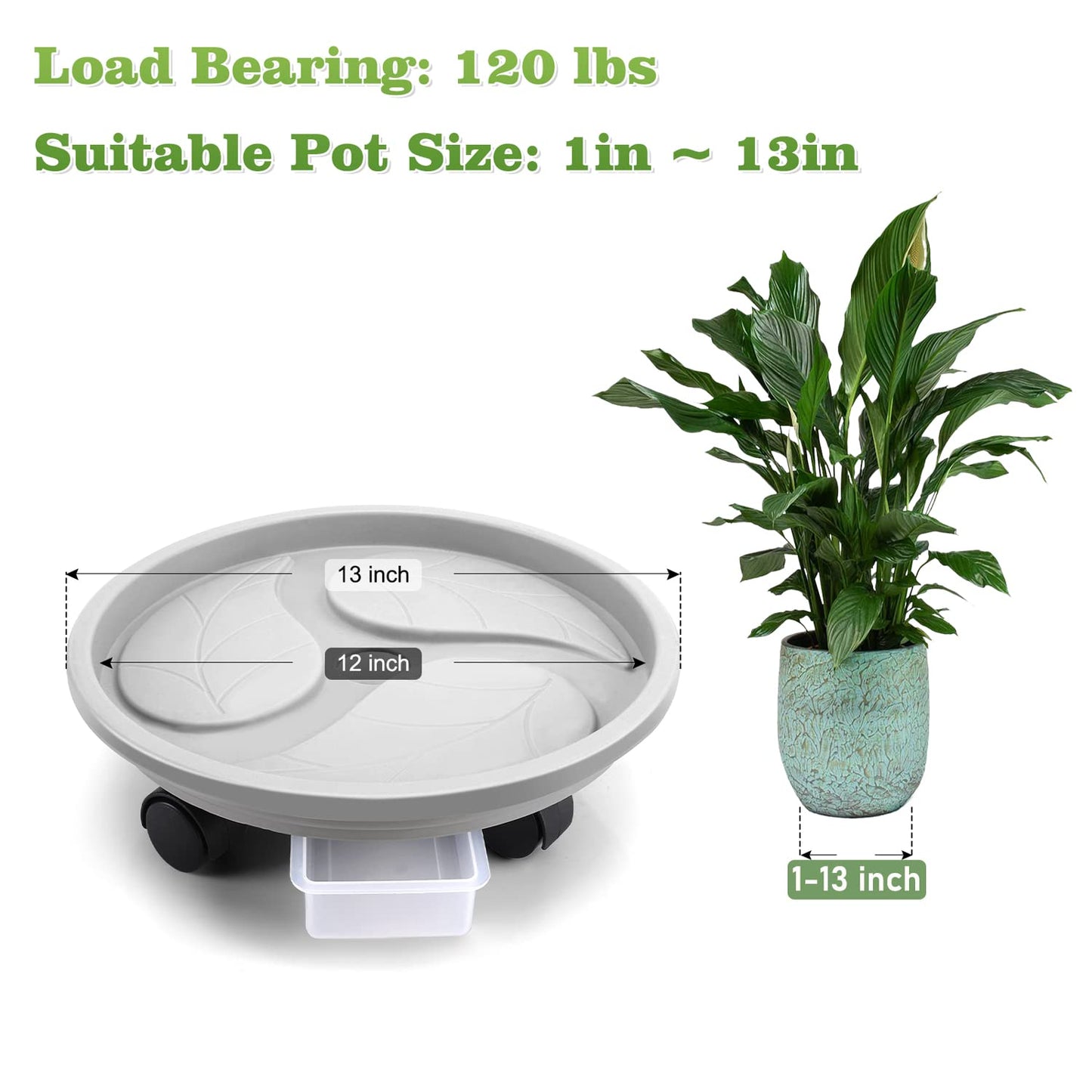 Looca Plant Caddy with Wheels and Drainage Tray, 13”Rolling Plant Stand Flower Pot Mover, Planter Caddies Round Plant Dolly for Heavy Duty Planter, 3 Pack, Bearing 120 lbs (Grey)