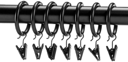 Amazon Basics Curtain Rings with Clips for Hanging Drapes, Drapery Rings for 1" Rod, Set of 7, Black
