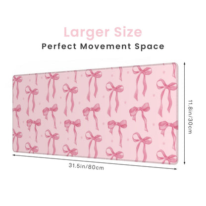 Pink Mouse Pad, Large Pink Desk Mat Bows Computer Mat, Gaming Keyboard and Mouse Pad Non-Slip Rubber Base, Stitched Edge, Cute Girly Office Supplies Desk Accessories Decor for Women 31.5 x 11.8in