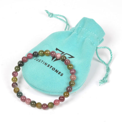 Justinstones Natural Multi-color Tourmaline Gemstone 6mm Round Beads Stretch Bracelet 6.5 Inch
