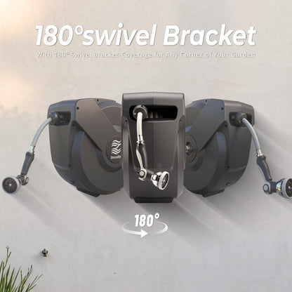 BREEZEREEL Retractable Garden Hose Reel 5/8"x100ft, 3-Ply Reinforced, High-Flow, Any Length Lock, 180° Swivel Bracket, Heavy-Duty Aluminum Mount, Slow Retract, Auto-Layer, 10 Spray Nozzle