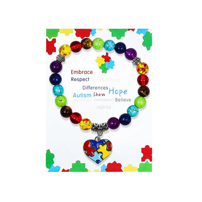 ChungLong0593 Autism Awareness Bracelet - 7 Chakra Gemstone Natural Stone Beaded Bracelet - Colorful Puzzle Cross Love Round Pendant - Autism Gift - Love