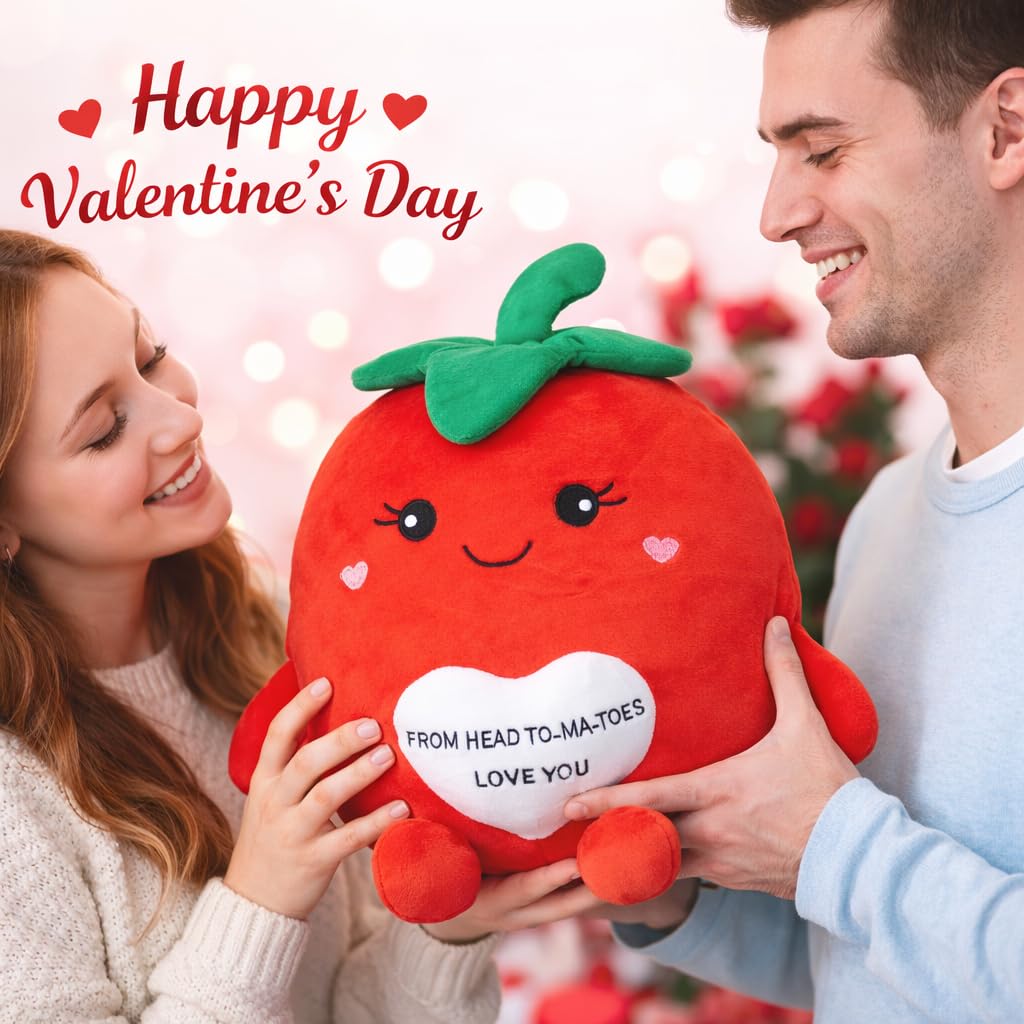 WENMOTDY Tomato Plush Toys 17 Inches Cute Fruit Stuffed Animal with Red Heart Soft Plush Tomato Pillow for Girlfriend Boyfriend Children Valentines Day Birthday