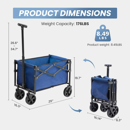 DUMOS Collapsible Wagon with Wheels, 220 lbs Wagons Carts Foldable Wagon Cart with Flexible Handle, Lightweight Portable Folding Utility Shopping Cart for Grocery Sports Garden Camping - Blue